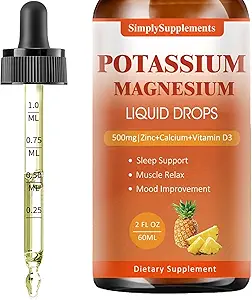 Suplemento de magnesio de potasio - Potasio 99mg &amp; 500mg Magnesium Glycinate Complex Liquid Drops with Calcium, Zinc, Vitamina B6, D3 - Energy & Bone &amp; Muscle Support - 2 Fl oz
