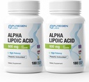 Puregen Labs Alpha Lipoic Acid 600mg [High Potency] Total 360 Veggie Caps, Antioxidant Support Silencio No Harmful Additives ← Non-GMO, NO Gluten y Dairy, 600 mg por cápsula - Made in USA - 2 Pack