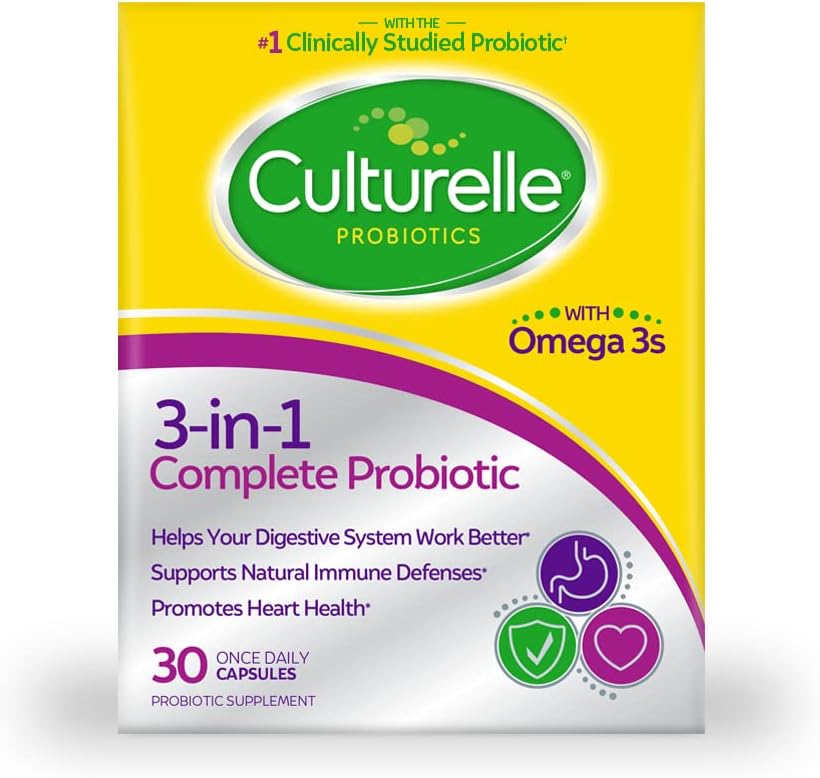 Culturelle 3-in-1 Full Probiotic Daily Fórmula, una vez por día suplemento probiótico, ayuda a su sistema digestivo a trabajar mejor, soporta defensas naturales inmunes, más Omega 3, no GMO, 30 cuenta