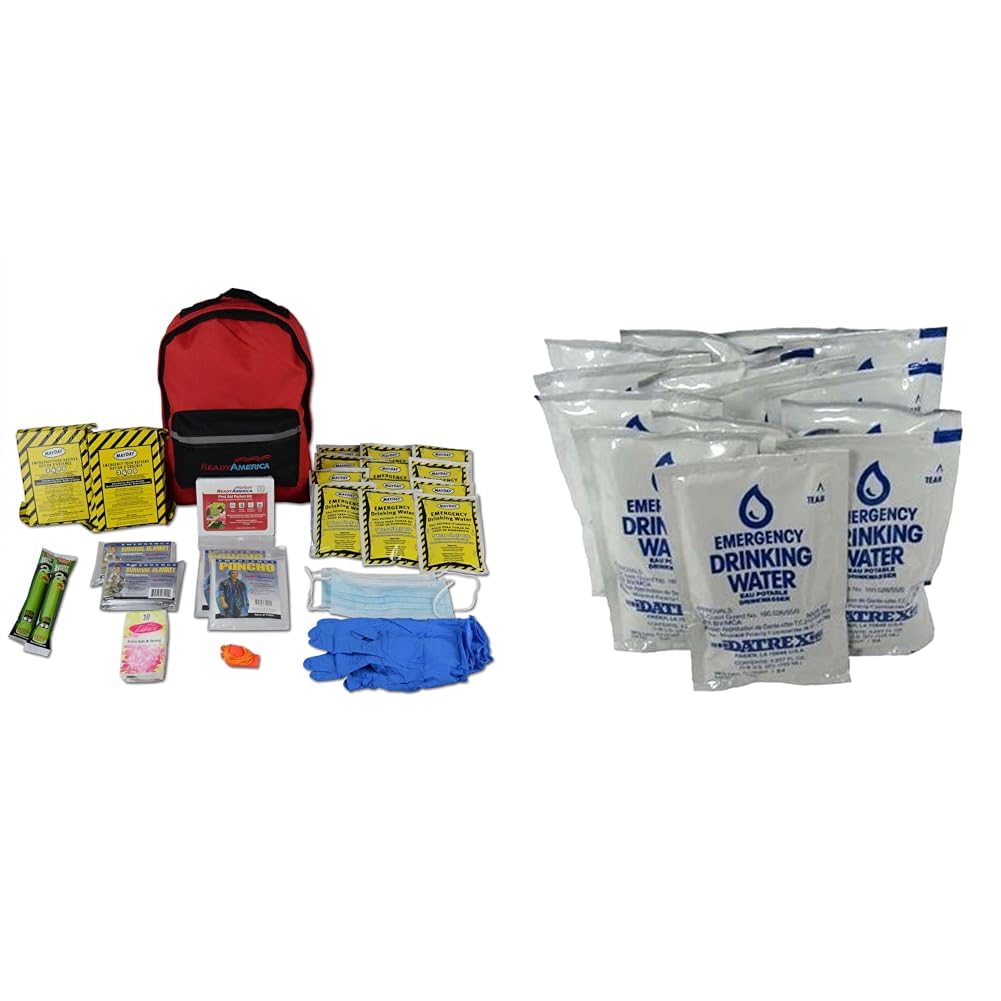 Ready America 70280 72 Hour Emergency Kit, 2-Person, 3-Day Backpack & Datrex Emergency Water Packet 4.227 oz - 3 Day/72 Hour Supply (18 Packs), White