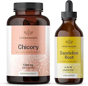 HerBAMAMA Chicory and Dandelion Kit - Bundle of 1200 mg Chicory Root Capsules " Dandelion Root Tincture 4 fl oz - Vegan, Non-GMO, Sugar " Alcohol-Free - 2 Pack