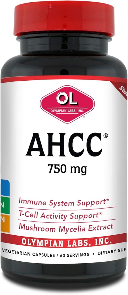 Olympian Labs Premium AHCC Suplemento–750 mg de AHCC por cápsula–Aportaciones Salud Inmune, función del hígado y actividad de célula asesina natural- 60 cápsulas