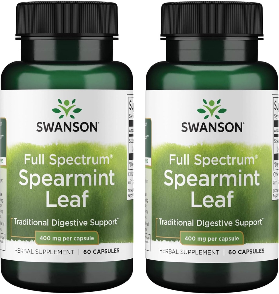 Swanson Spearmint Leaf (Mentha Spicata)-Full Spectrum Herbal Supplement Supporting Digestive Health & Mild Stomach Issues - (60 Capsules, 400mg Cada uno) (2 Pack)