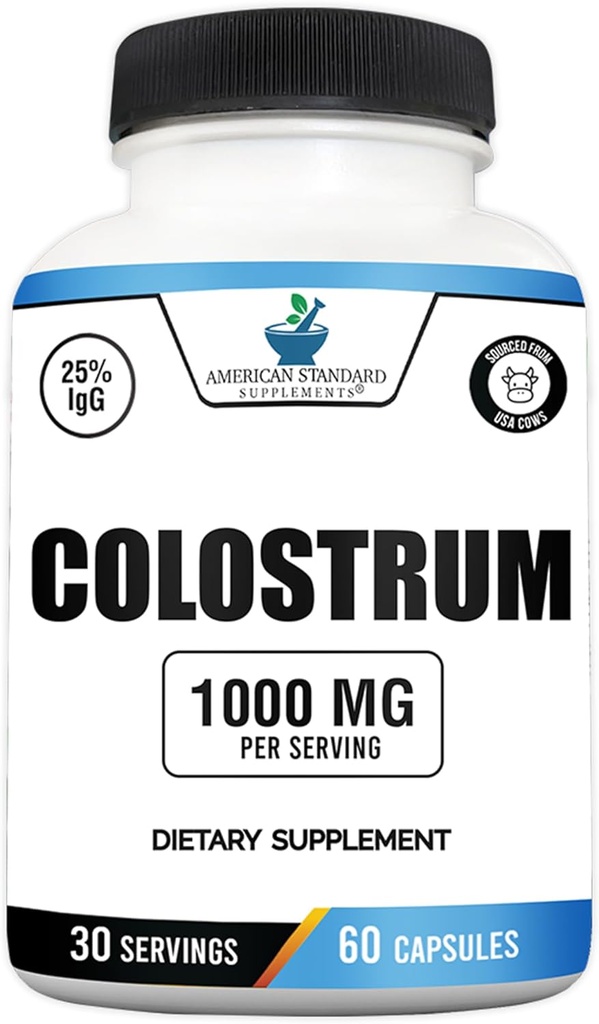 American Standard Supplements Colostrum Capsules - 1000mg Por Serving, 60 Capsules, USA Sourced Cow Colostrum, Standardized to 25% Immunoglobulins (IgG)