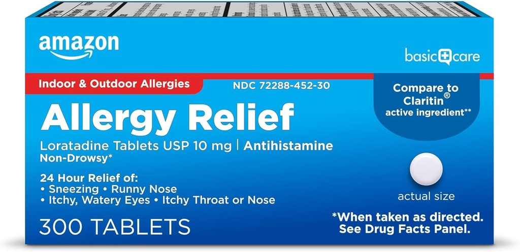 Cuidado básico Alivio de la alergia Loratadina Tablas 10 mg, 300 Conde (Paquete puede variar)