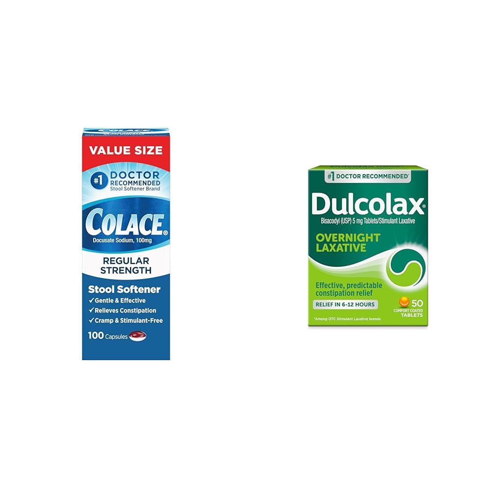 Colace Stool Softener Capsules and Dulcolax Overnight Relief Tablets Bundle for Gentle Constipation Relief