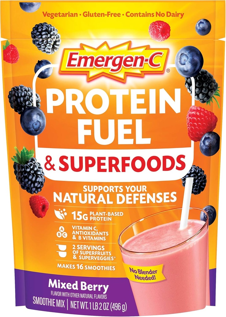 Emergen-C Protein Powder Fuel &amp; Superfoods (16 Servings, Mixed Berry Flavor) Plant-Based & Vegetarian Shake Mix with Organic Superfoods, Vitamin C &amp; Other Antioxidants