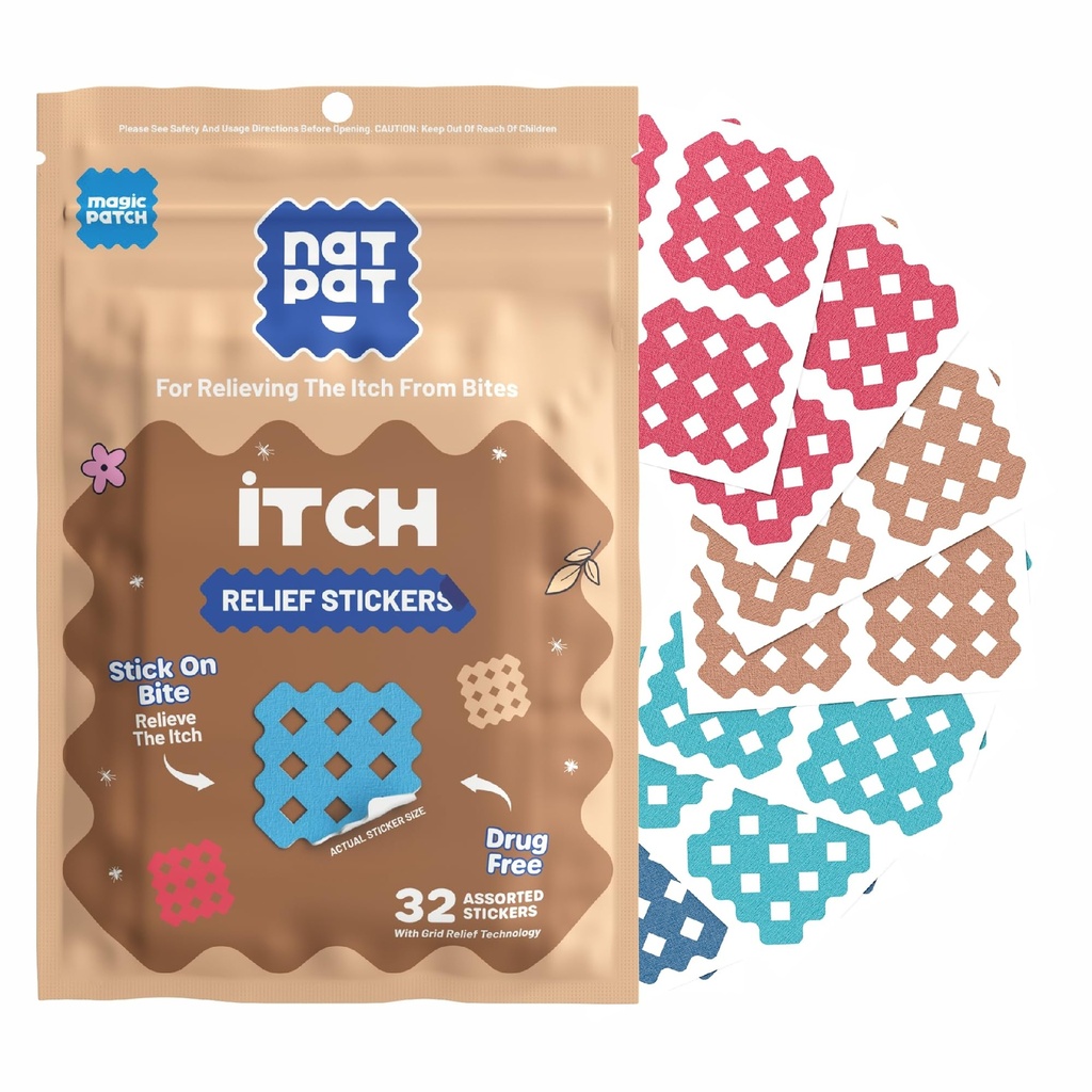 NATPAT Magic Patch Itch Relief Stickers - Insect Bite Patch for Mosquitos, Ticks, Midges, Sandflies, and Bed Bug Bites - Buzzpatch - 32 Count