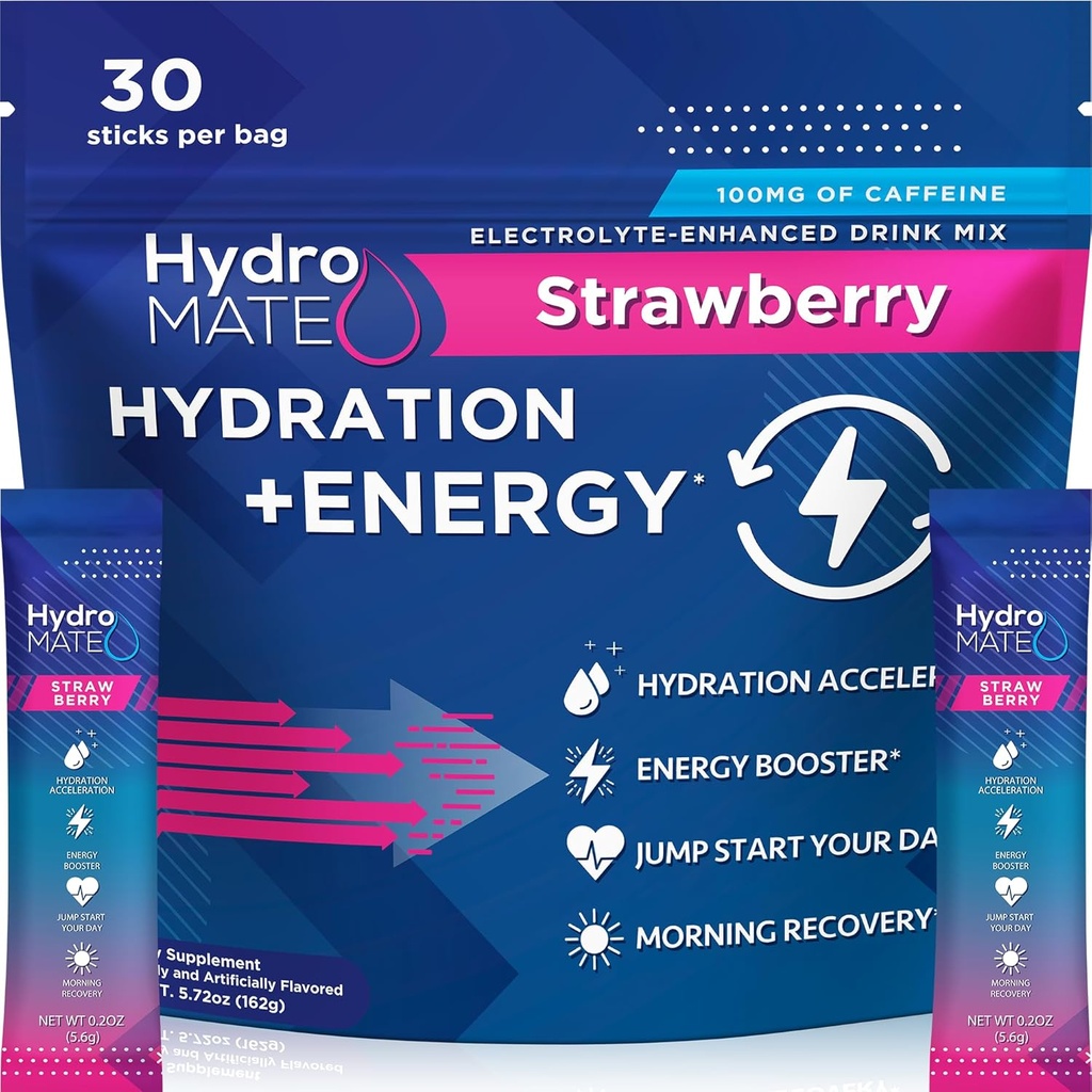 HydroMATE Electrolytes Powder Drink Mix Packets Hydration Accelerator Low Sugar Rapid Party Relief Recovery Vitamin C Plus Caffeine Strawberry 30 Cuenta
