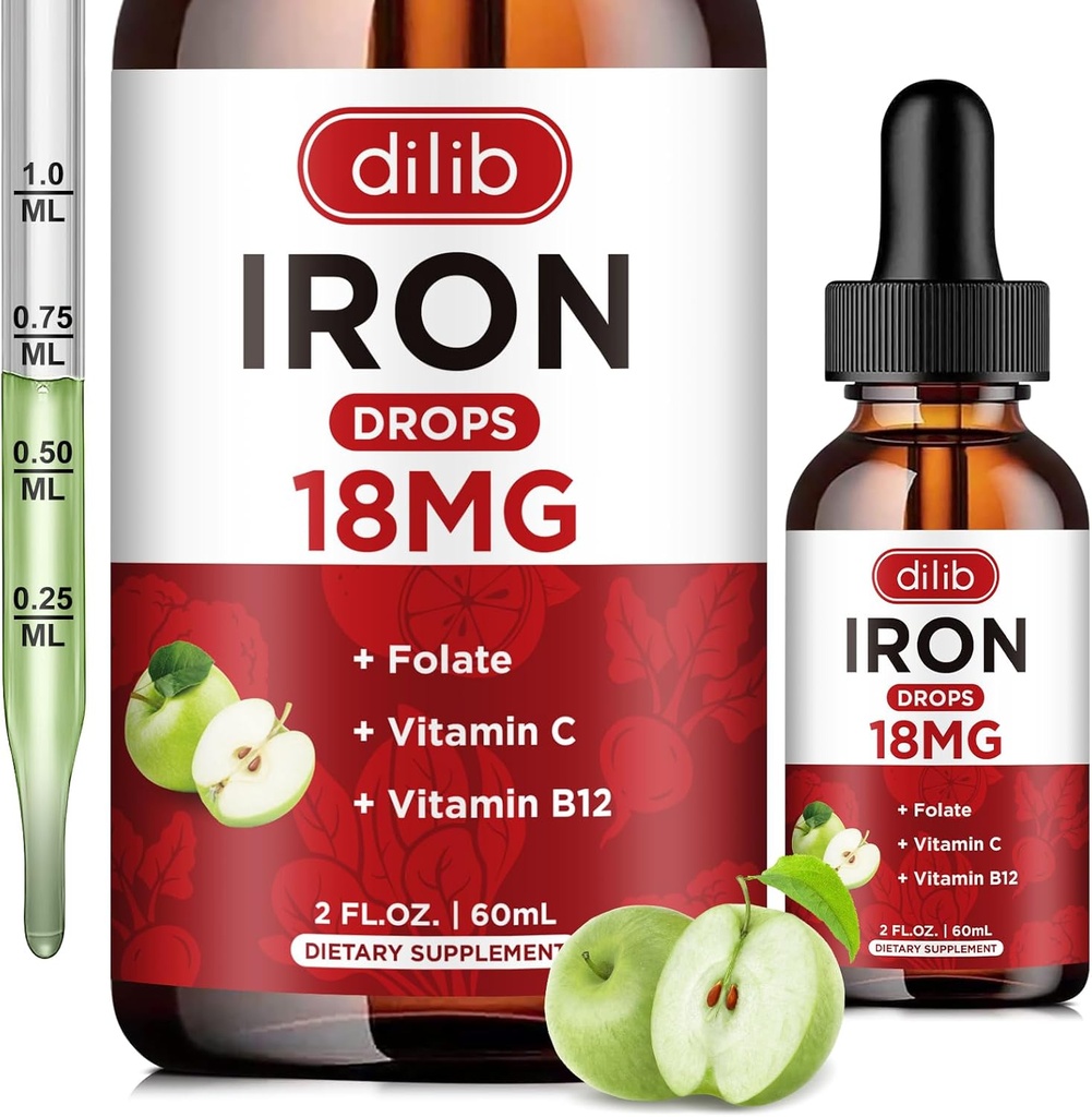 Suplemento de hierro líquido para mujeres &amp; hombres gotas de hierro Suplementos de hierro para la anemia con folato, vitamina C, B12 para el apoyo de células de sangre roja-gran sabor de manzana, 2 Fl Oz