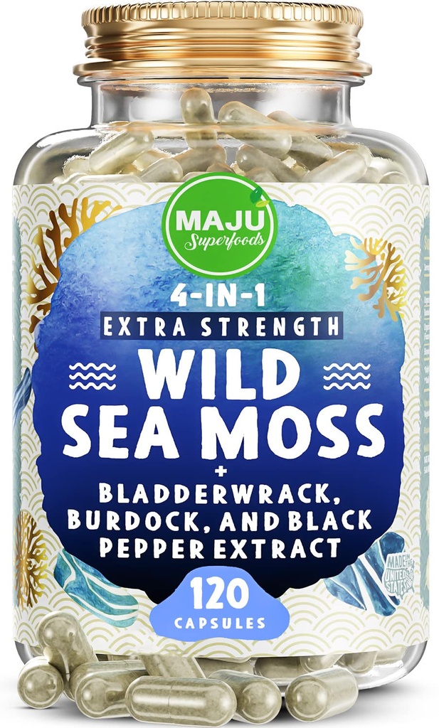MAJU Wild Irish Sea Moss Capsules (120ct), Stronger Than Gel, 4-in-1 w/Bladderwrack + Burdock Root, Organic, Sebi Inspired, Raw, Seamoss Pills Powder, Wild, (2-Pack)