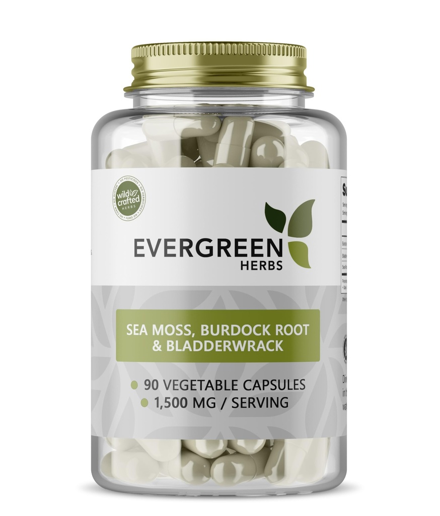 Evergreen Herbs Sea Moss, Burdock Root & Bladderwrack Vegetable Capsules, 90 Count, 1,500 MG