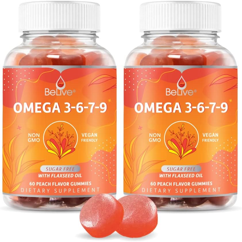 BeLive Orgánica Omega 3 Gummies - Omega 3 6 9 7 DHA &amp; EPA del aceite de frutas de hebilla de mar " , Vegan, para adultos de niños, cuerpo completo, soporte para cerebros y ojos, libre de azúcar – Peach  durable 2-Pack
