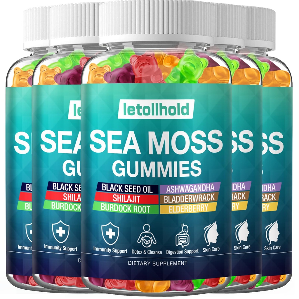 Sea Moss Gummies - Irish Sea Moss Gummies Advanced for Adults with Ashwagandha Bladderwrack & Burdock Root for Supports Immune，Energy - 60 Vegan Gummy,5PCS