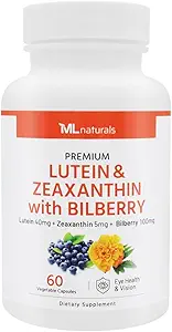 ML Naturals Premium Lutein " Zeaxanthin with Bilberry 60 Vegetable Capsules. Lutein 40 mg, Zeaxanthin 5 mg, y Bilberry 100 mg. Calidad Premium. Ojos saludables " Visión, NSF-Certified " CGMP-Compliant