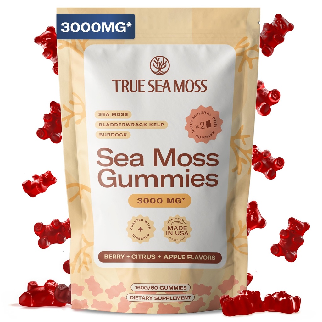 TrueSeaMoss Gummies – 3-in-1 Formula – Irish Sea Moss with Bladderwrack & Burdock Root – Fruity Flavor – 60 Gummies