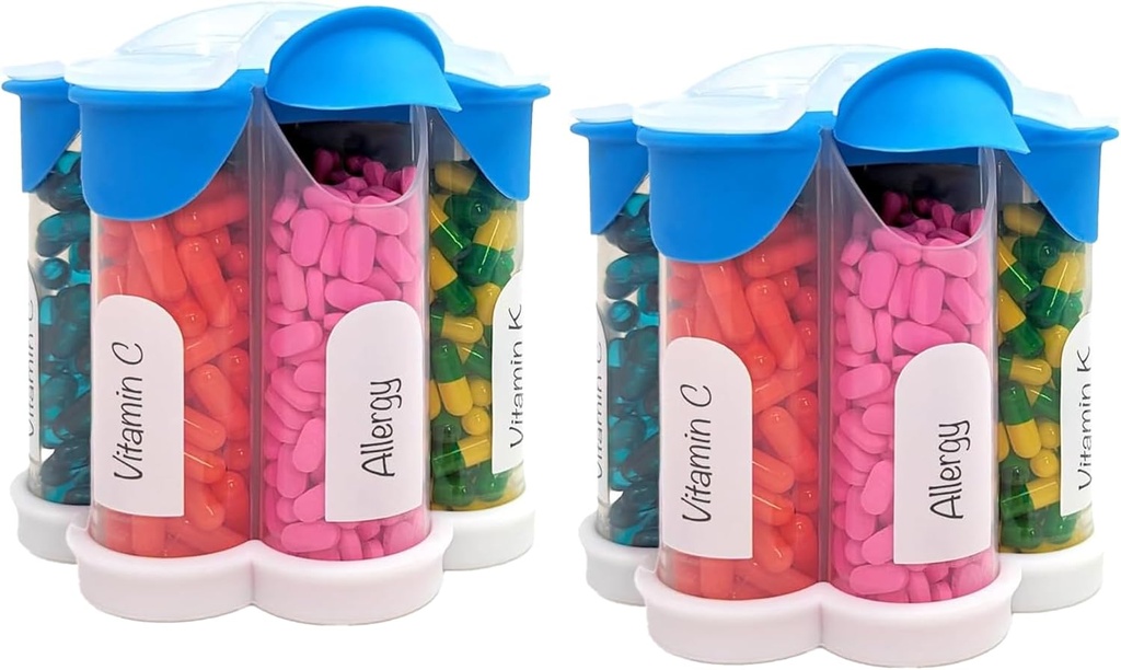 Extra Large Pill Organizer Daily, Weekly, Monthly Supplement Bottle, Cute Blossom Pill Dispenser with 7 XL Compartments (2 Pack Combo) (Light Blue 2 Pack)