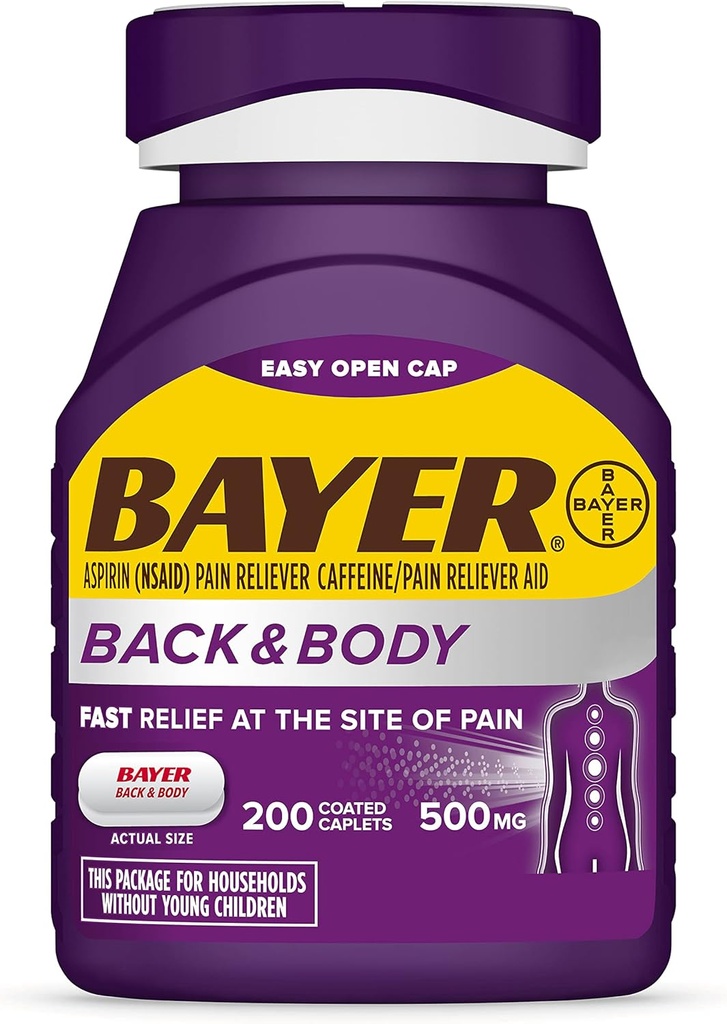 Bayer Extra Strength 500mg Aspirin Plus Caffeine for Powerful Pain Relief, 200 caplets Coated