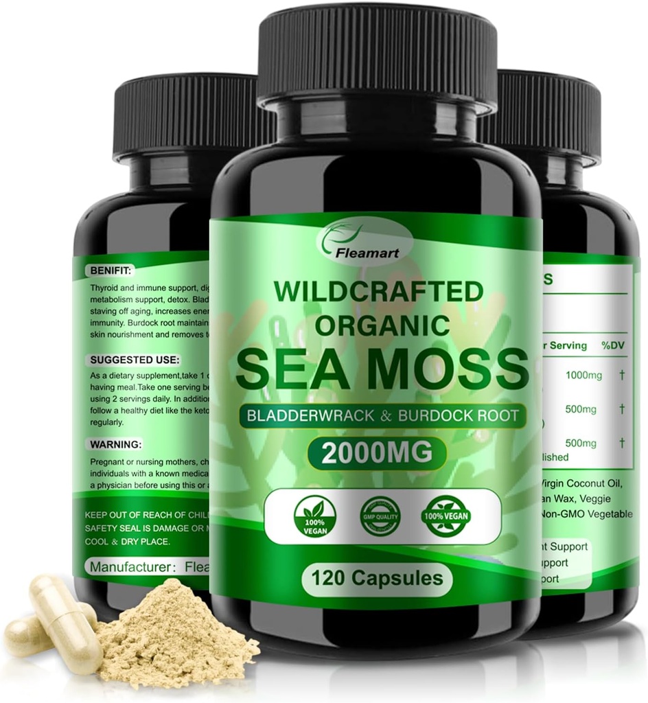 Mar irlandés Moss capsules 120ct Mar crudo Moss Wildcrafted Bladderwrack Burdock Root Capsules Super Food Immune System Digestive Health Sea Moss Pills