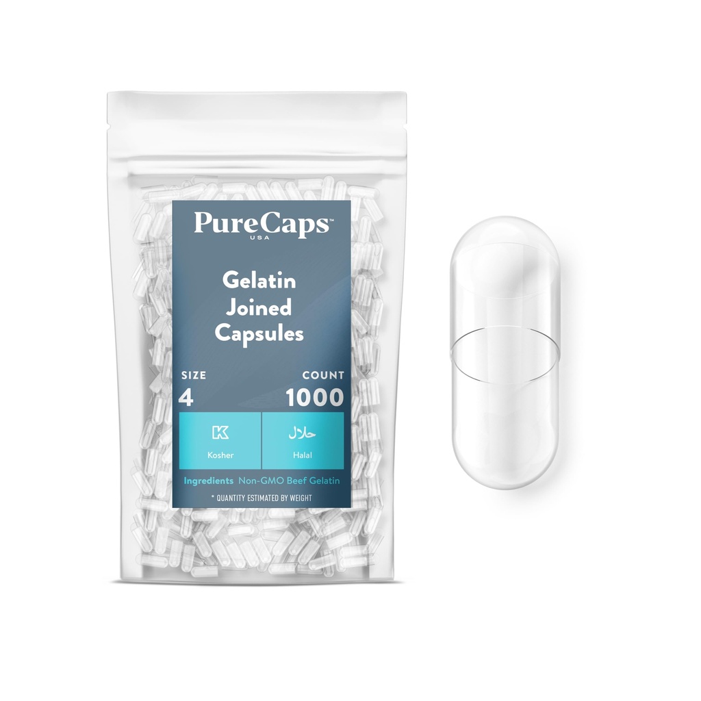 PureCaps USA - Empty Gelatin Capsules Size 4| 1,000 Joined Pills| Clear| Non-GMO Certified | SLS, Gluten, Preservative Free
