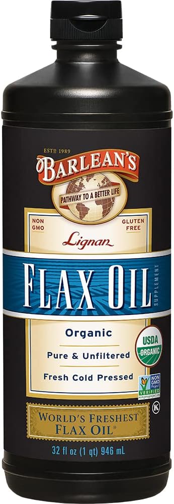 Lignan Orgánica de Barlean Omega 3 Flaxseed Oil Liquid Supplement for Men and Women, Cold Press Flax Seeds, 7230mg ALA Fatty Acid, Vegan and Gluten Free, 32 oz