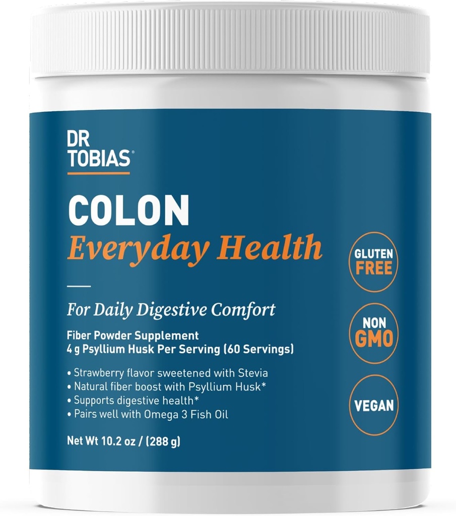 Dr. Tobias Colon Everyday Health - Gut Health for Women &amp; Men - Psyllium Fiber Powder Drink with 4g Psyllium Husk Powder per Serving, Vegan, Gluten Free, Non-GMO, Strawberry Flavor, 60 Servings