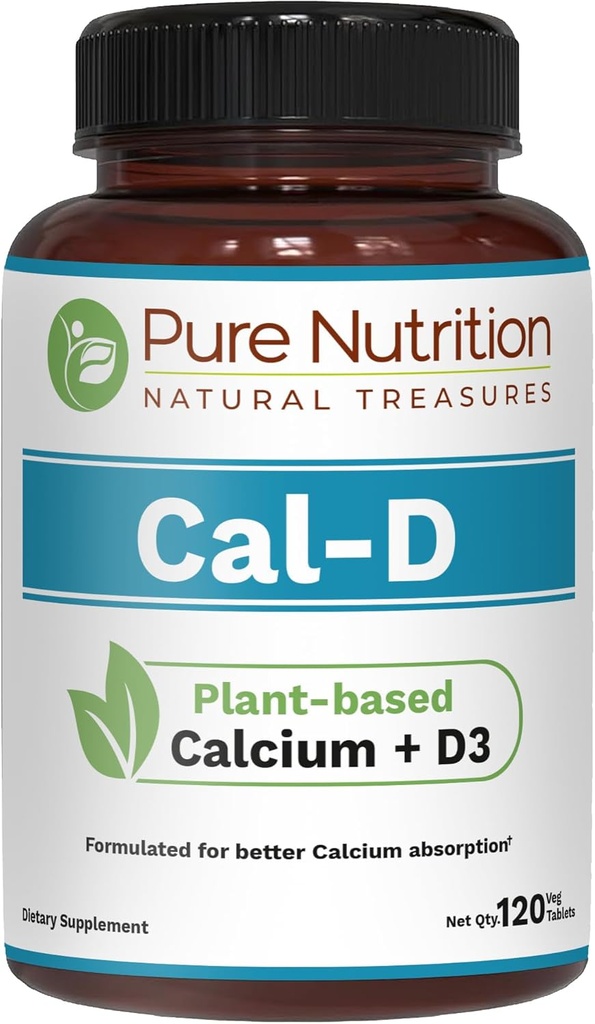 Pura Nutrición Cal D - Calcio con base vegetal con VIT D3 K2 &amp; Magnesio TEN 120 Tabs TEN 500mg Calcio Vegano por Servir ANTE Algae Calcium Suplemento para Bone Health