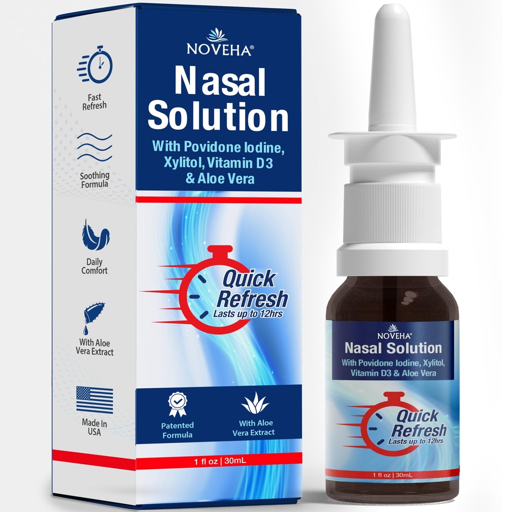 NOVEHA Nasal Spray 1% Povidone-Iodine Spray, Vitamina D3, Aloe-Vera - Nasal Cleanser (30mL)