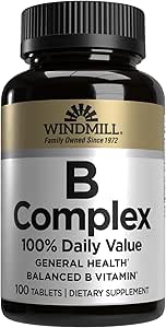 Windmill Natural Vitamins B Complex (100% Daily Value), Boost Energy Production y Promote Metabolism, 100 Tablets, 100 Servings