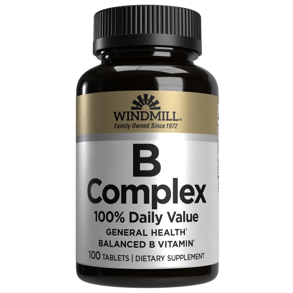 Windmill Natural Vitamins B Complex (100% Daily Value), Boost Energy Production y Promote Metabolism, 100 Tablets, 100 Servings