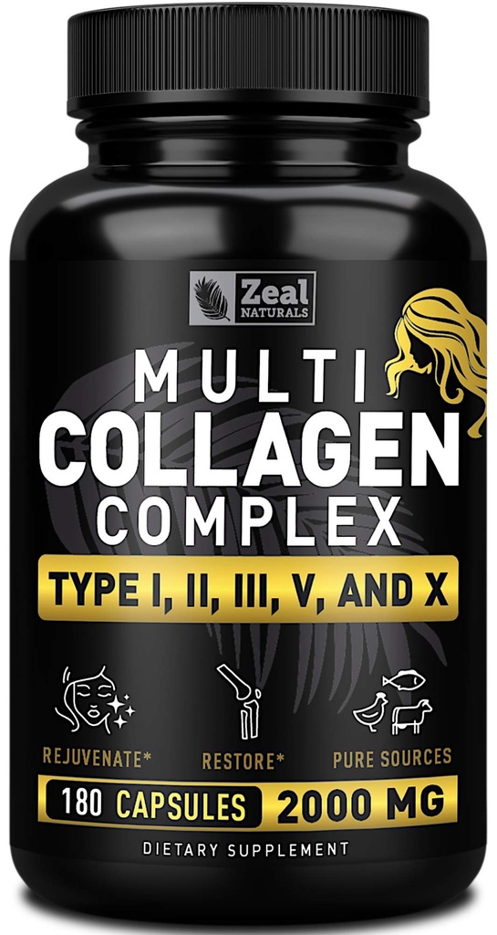 Multi Collagen Peptides Pills (Types I,II,III,V,X) Grass Fed Collagen Pills (180 cápsulas) - Hydrolysate Collagen Protein Blend for Hair, Skin, Nails, and Joint Support - Collagen Pills for Women
