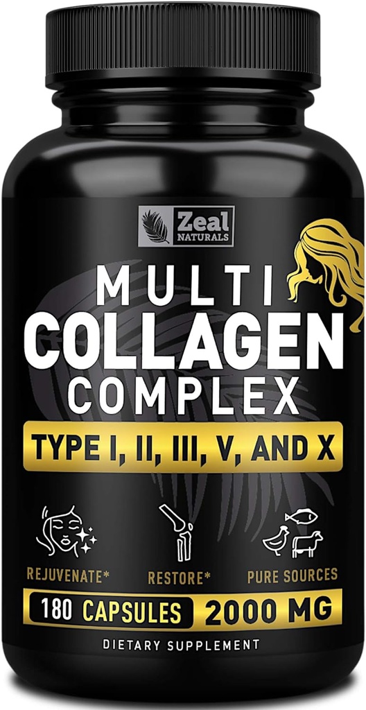 Multi Collagen Peptides Pills (Types I,II,III,V,X) Grass Fed Collagen Pills (180 cápsulas) - Hydrolysate Collagen Protein Blend for Hair, Skin, Nails, and Joint Support - Collagen Pills for Women