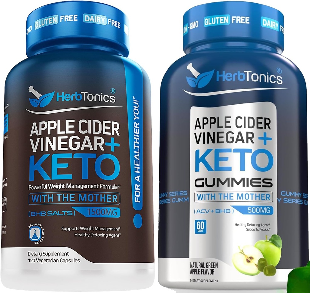 Herbtonics Apple Cider Vinegar Capsules con Keto BHB - Apoya Digestión, Detox y Metabolismo para Mujeres y Hombres, Libre de Azúcar, Fórmula Keto.
