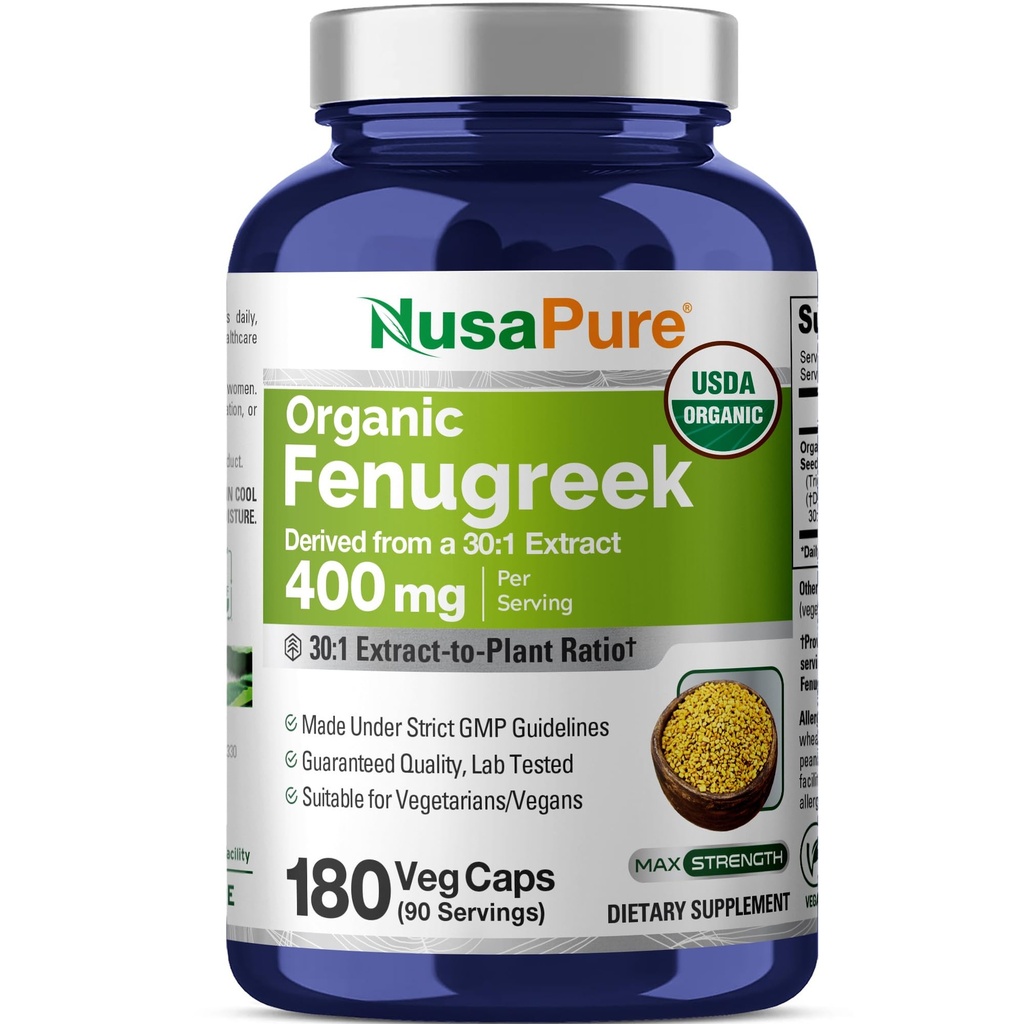 NusaPure Organic Fenugreek Capsules, 400 mg, 180 Veg Capsules (Non-GMO, USDA, Vegan)