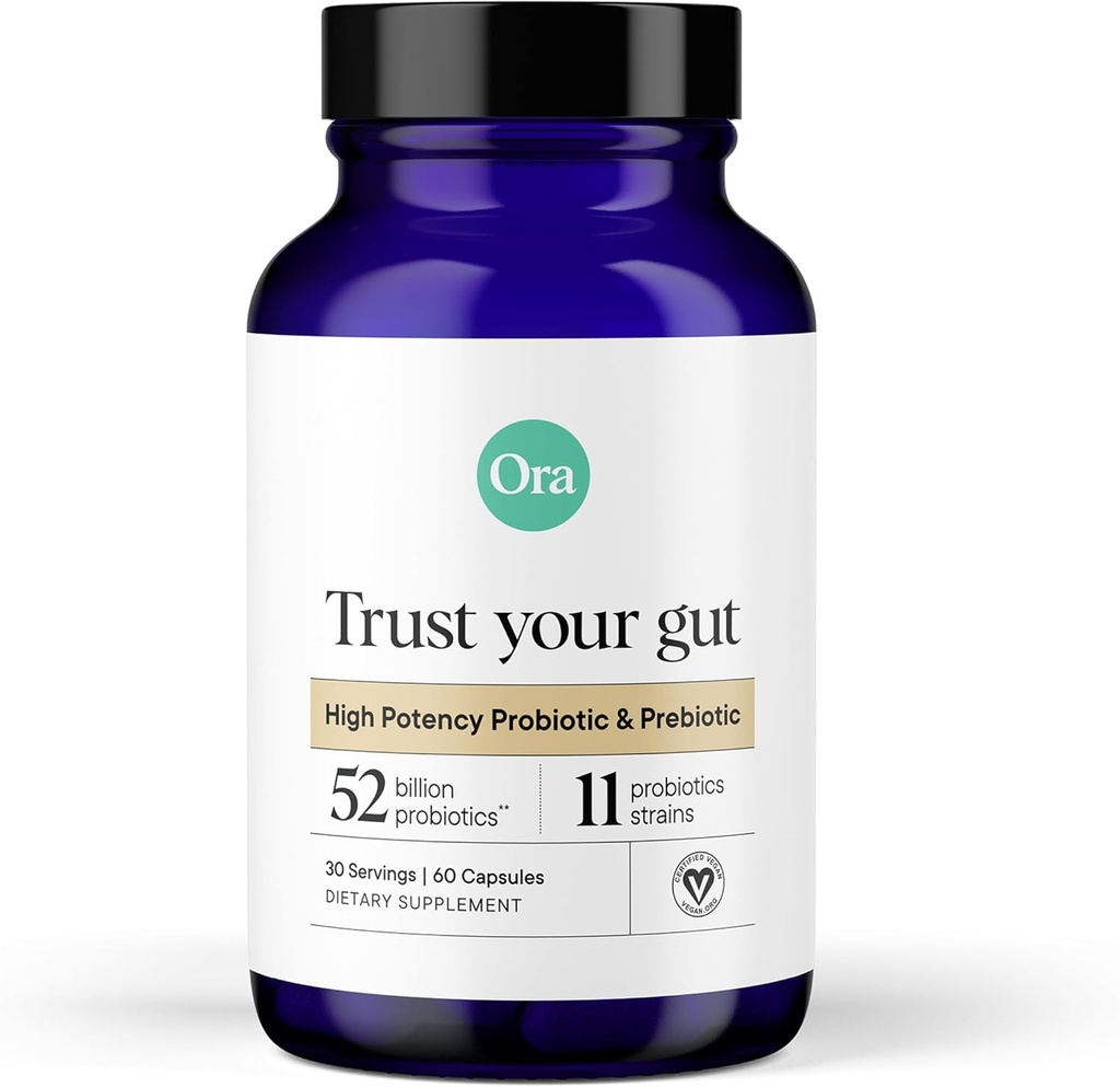 Ora Ora Orgánica Probióticos con Prebióticos - 52 Billones CFU 11 Estrenos clínicamente estudiados para la salud digestiva, Confía en tu Gut, Gluten Gratis, 60 cápsulas