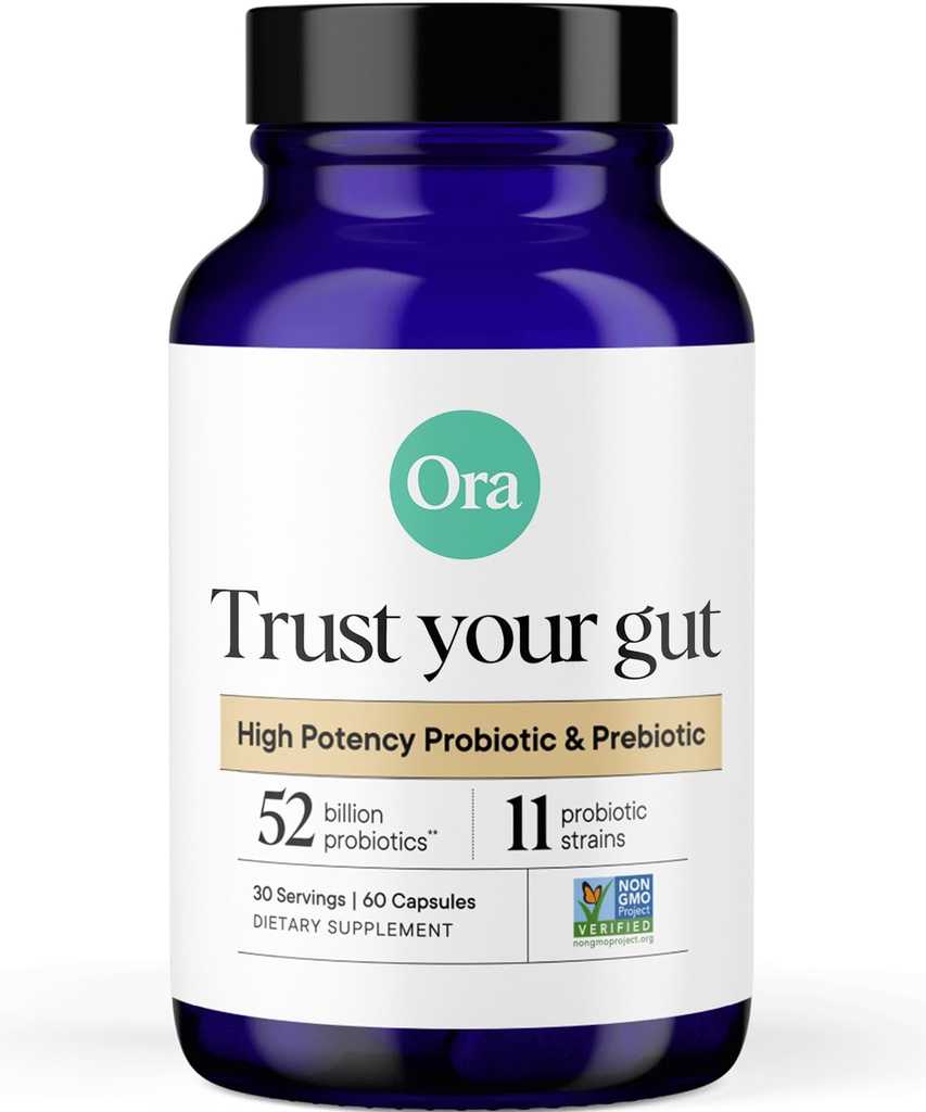 Ora Ora Orgánica Probióticos con Prebióticos - 52 Billones CFU 11 Estrenos clínicamente estudiados para la salud digestiva, Confía en tu Gut, Gluten Gratis, 60 cápsulas
