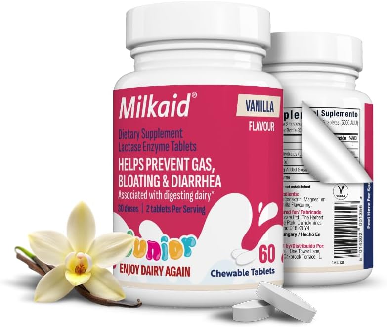 Milkaid Junior Lactase Enzyme Chewable Tablets for Lactose Intolerance | Prevents Gas, Bloating, Diarrhea in Children| Fast Acting Dairy Digestive Supplement for Kids| 60 ct (60 Tablets, Vanilla)