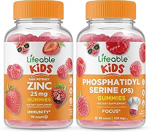 Zinc 25mg Niños + Phosphatidylserine (PS) Niños, Gummies Bundle - Gran Tasting, Suplemento de vitamina, Gluten Gratis, GMO Gratis, Chewable Gummy