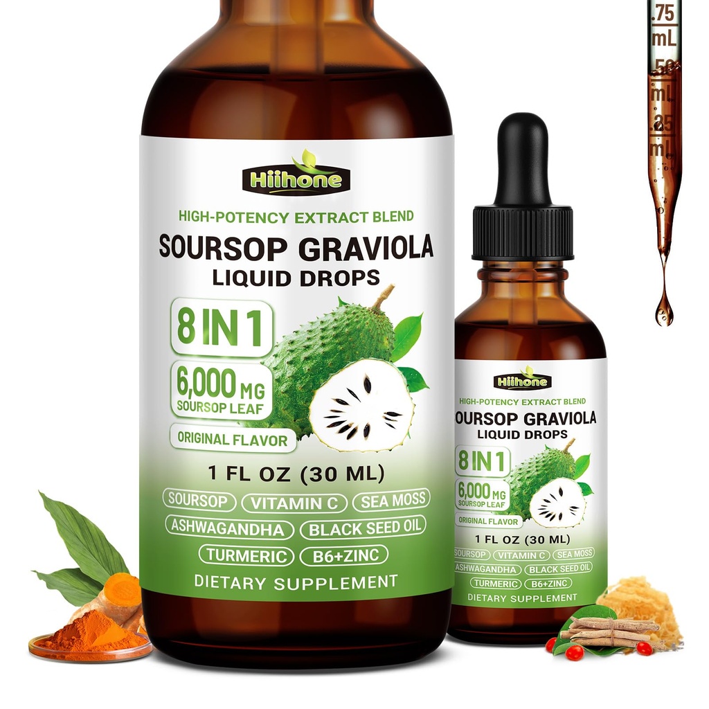 8 in 1 Graviola Soursop Leaf Extract Liquid - Soursop Bitters Liquid with Sea Moss, Ashwagandha and Tumeric, for Immune & Liver, Zzz & Antioxidant & Cell Support,1 Fl Oz