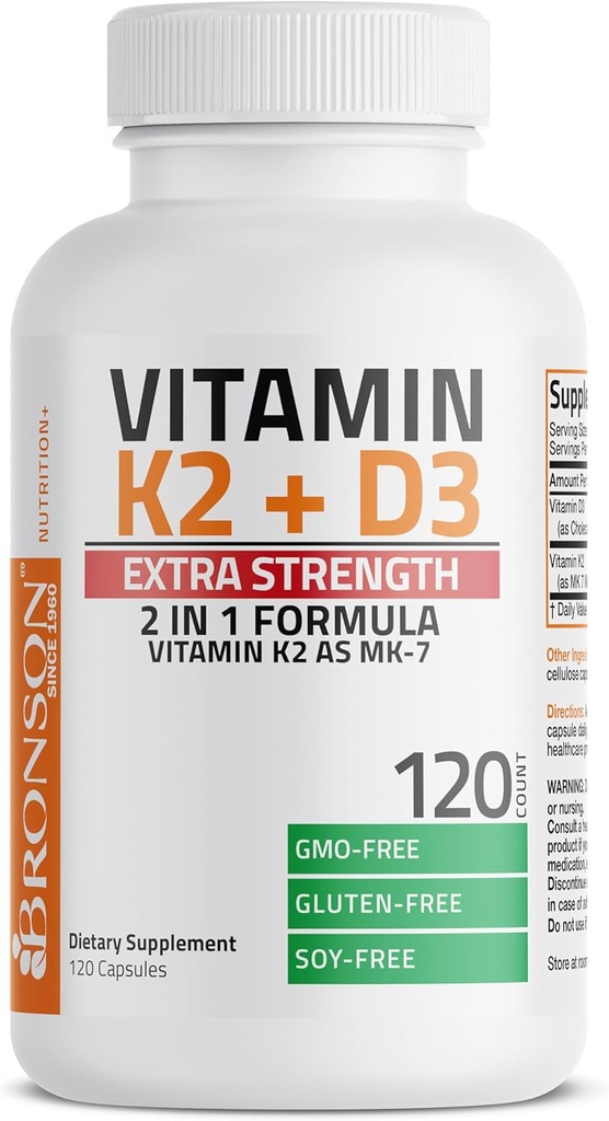 Bronson Vitamina K2 (MK7) con D3 suplemento de fuerza extra de hueso y salud cardíaca Fórmula 10.000 UI Vitamina D3 &amp; 120 mcg Vitamina K2 MK-7 Fácil de absorber vitamina D &amp; K, 120 cápsulas