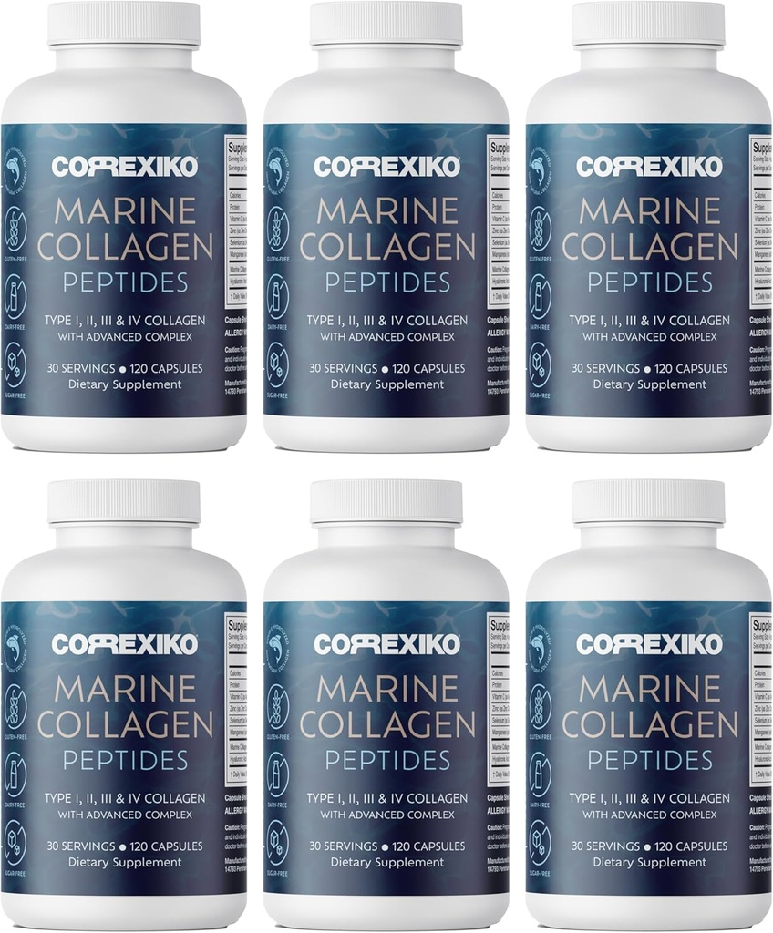 CorreXIKO Marine Collagen Supplement Pills - 1800mg Hidrolyzed Collagen Peptides per Serving with Añadido Hyaluronic Acid, Vitamin C & Minerals - for Hair, Skin & Nails - 720 Capsules 6 Month Supply