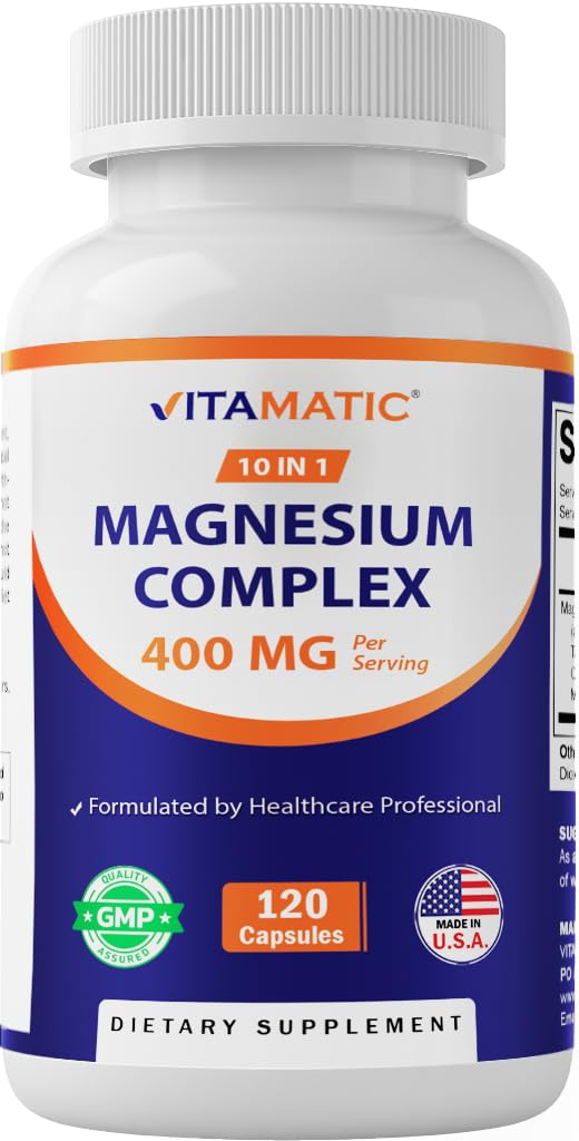 Vitamatic Magnesium Complex, 400mg Elemental MG (as Bisglycinate, Citrate, Taurate, Malate, Aspartate, Oxide, Gluconate, Lysinate Glycinate, Orotate, Succinate) – 120 Capsules
