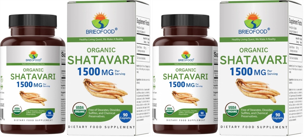 Brieofood Organic Shatavari 1500mg, 45 Servings, Vegetarian, Gluten Free, 90 Vegetarian Tablets (Pack of 2)