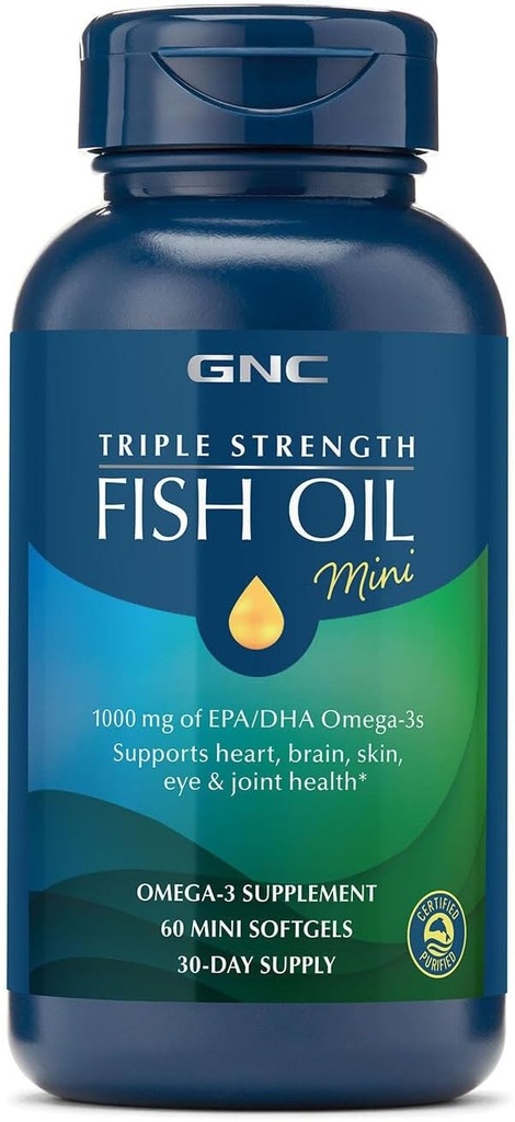 GNC Triple Strength Fish Oil Mini Omega 3 Suplemento, 1000mg EPA y DHA, soporta corazón, cerebro, piel, ojo y salud conjunta, 60 Mini Softgels