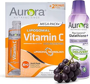 Vida Lifescience Aurora Nutrascience Mega Liposomal Glutathione, 750 mg, y Vitamina C, 3.000 mg, Immune Support and Antioxidant Bundle
