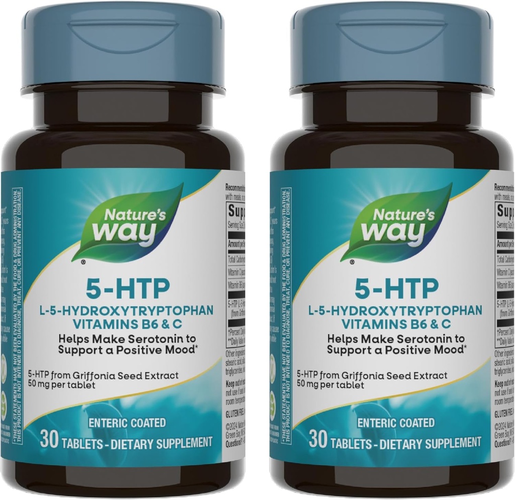 Camino de la Naturaleza 5-HTP, L-5-Hydroxytryptophan, ayuda a hacer la serotonina para promover una perspectiva positiva*, Vitamina B6, Vitamina C, Griffonia Bean Extract, 30 Tabletas (Paquete May Vary) - 2 Pack