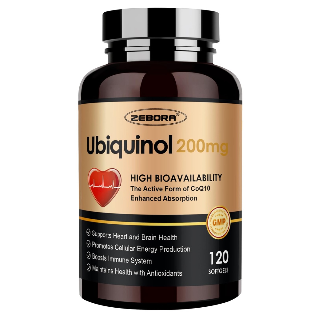 ZEBORA Ubiquinol CoQ10 200mg Softgels, 4-en-1 Potente antioxidante para el corazón y la salud vascular, esencial para la producción de energía, Max Absorption Forma activa de CoQ10, 120 Softgels