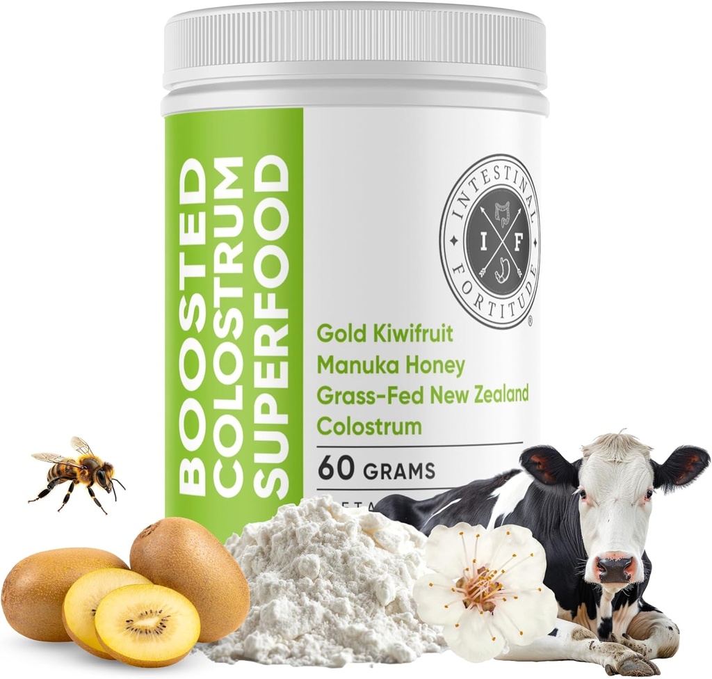Intestinal Fortitude Boosted Colostrum Superfood Dietary Suplemento: Grass-Fed New Zealand Bovine Colostrum, Gold Kiwifruit, Manuka Honey, for Digestion, Immune System, and Gut Health (150 Grams)