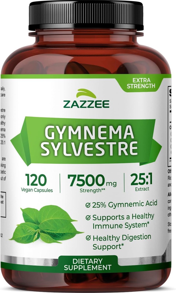 Zazzee Gimnema Orgánica Sylvestre 25:1 Extracto, 7500 mg Fuerza, 25% Ácido Gimnemico, 120 cápsulas vegas, 4 meses de suministro, estándar y concentrado 25X Extracto, todo-Natural y no GMO
