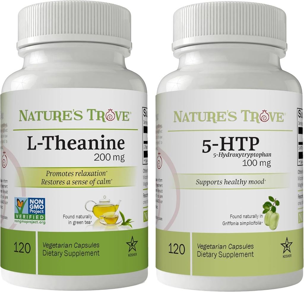 Trove L-Theanine 200mg 120 Vegetarian Capsules & 5-HTP 100mg 120 Vegetarian Capsules - Calm &amp; Healthy Mood Stack